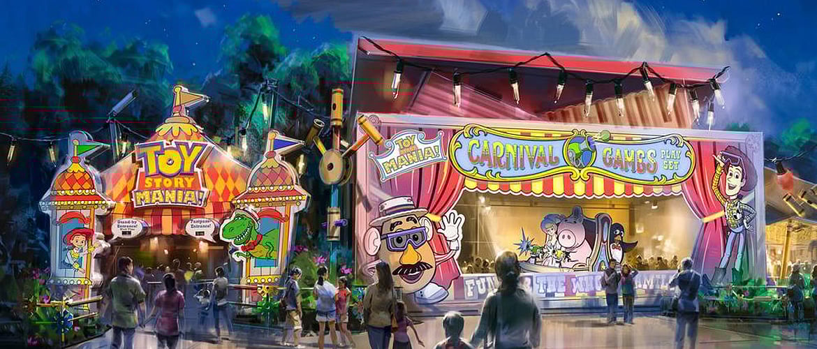 A virtual representation of the entrance to Toy Story Land