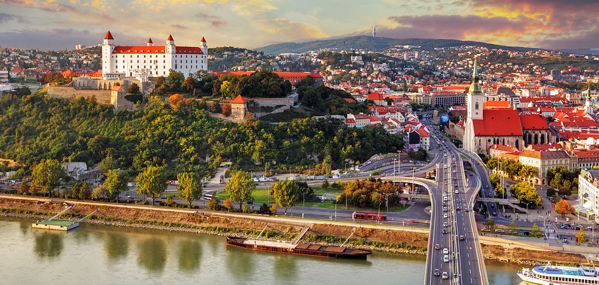 Aerial view of Bratislava, Slovakia at sunset