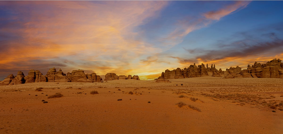 Outcrop geological formations at sunset near Al Ula in Saudi Arabia