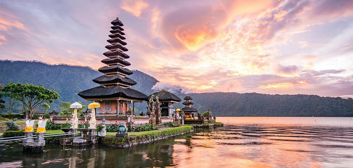 Pura Ulun Danu Bratan, a Hindu temple, is a famous tourist attraction in Bali, Indonesia