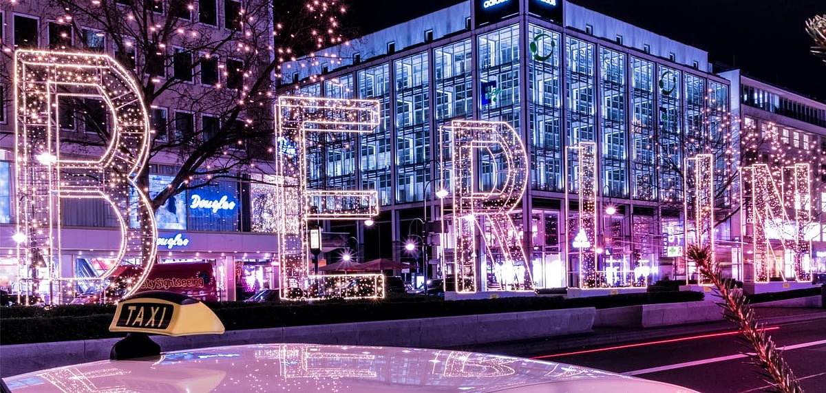 The illuminated Berlin sign at night