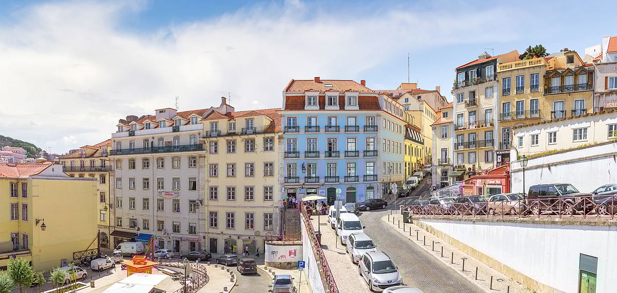Calcada do Carmo street near the Rossio Railway Station in Lisbon, Portugal