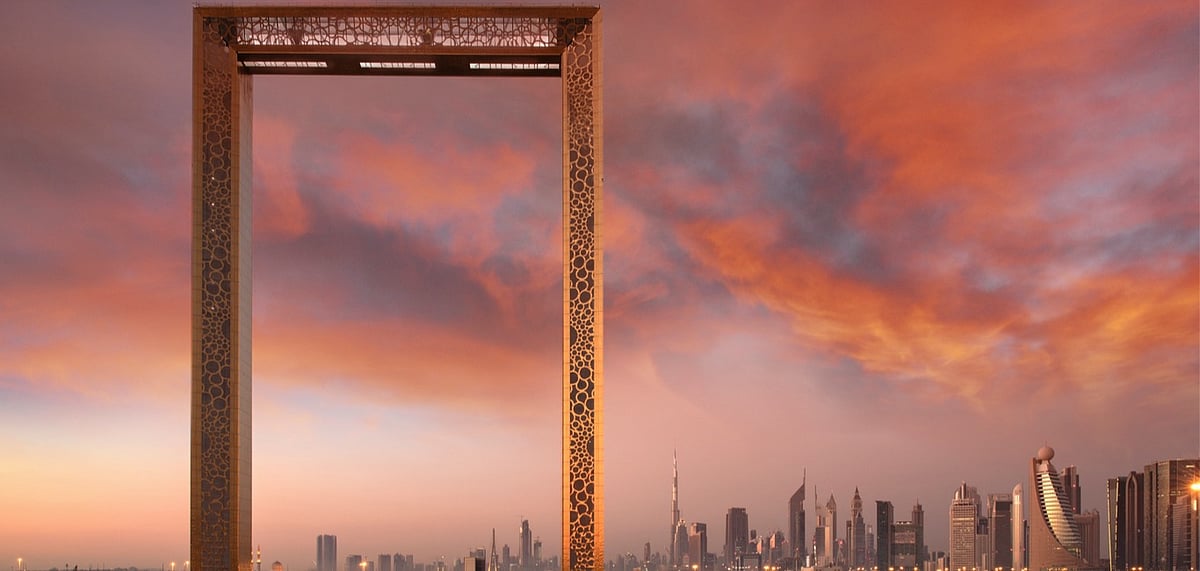 The Dubai Frame building at sunrise
