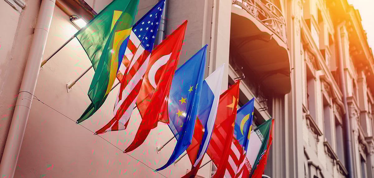 Flags of different nations at an embassy