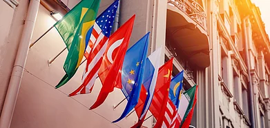 Flags of different nations at an embassy