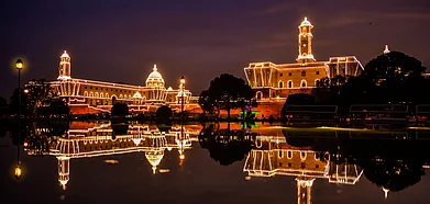 The Rashtrapati Bhavan lit up at night