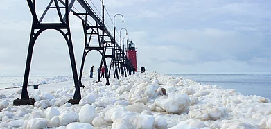 Snow balls at the South Haven pier in Michigan, 2017