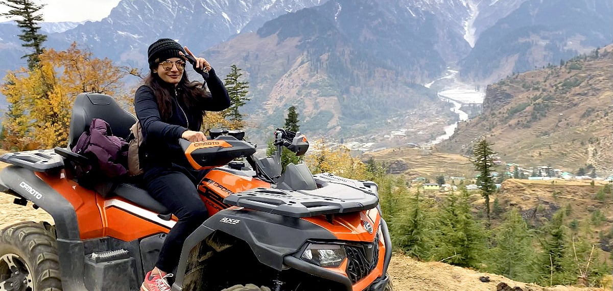 Raveena driving an ATV in Himachal 