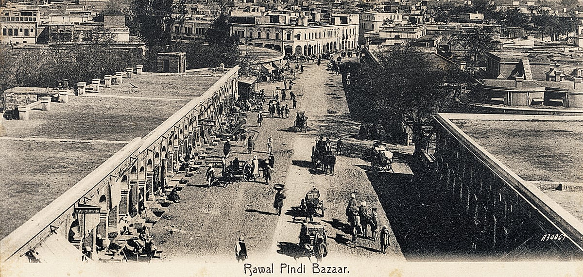 A postcard depicting a scene from Rawal Pindi Bazaar