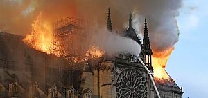 The Notre Dame Cathedral on fire