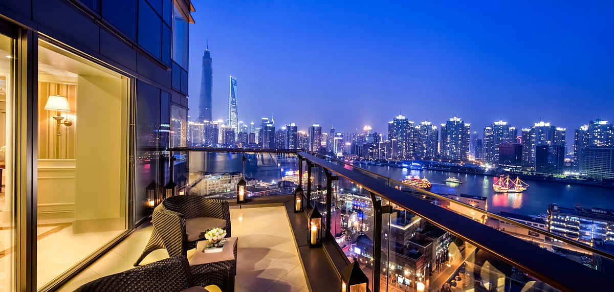 The Shanghai skyline as seen from a luxury hotel 