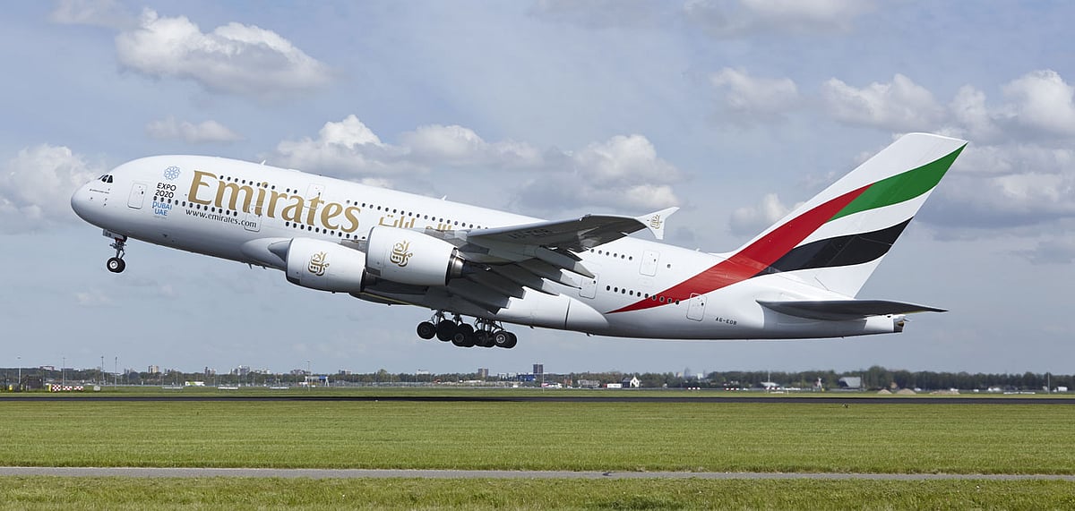An Emirates airplane taking off 