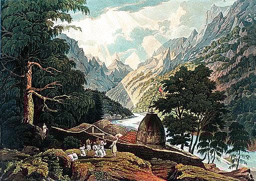 A coloured aquatint titled Gungotree, The Holy Shrine of Mahadeo