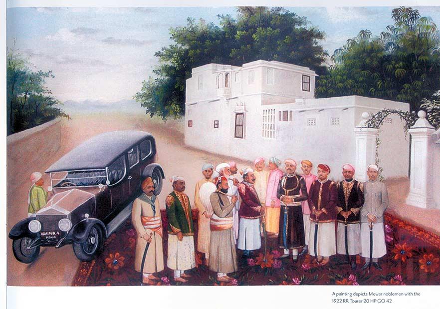 A painting depicting a Rolls Royce in Udaipur in the beginning of 20th century