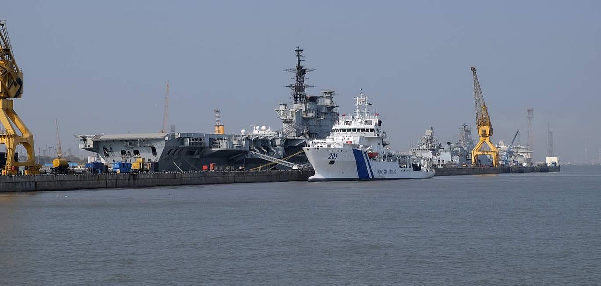 INS Viraat anchored in Mumbai port along with other coast guard ships
