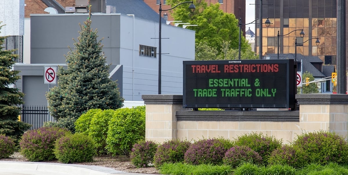 Travel Restriction Ban Sign at a US-Canada Border in May 2020