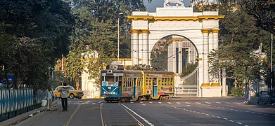 A tram passing in front of the Governor House in Kolkata