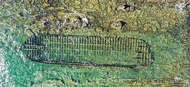 Aerial view of a shipwreck in Canakkale, Turkey. The shipwreck is from WWW I period and it was used during the Gallipoli Campaign by British troops in Turkey