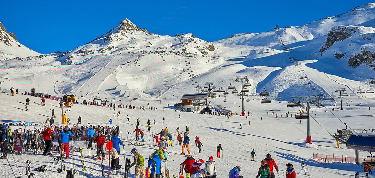 Ski base in Tyrol Alps on a sunny winter day