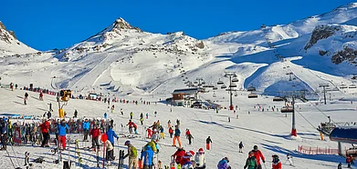 Ski base in Tyrol Alps on a sunny winter day