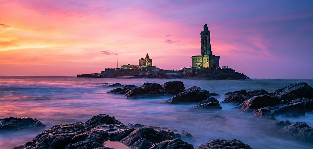 The Vivekananda Rock Memorial and Thiruvalluvar Statue at dusk