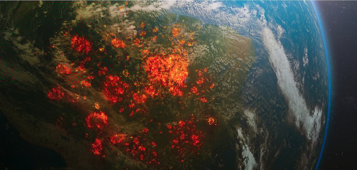 Aerial view from space of fires in the Amazon, South America