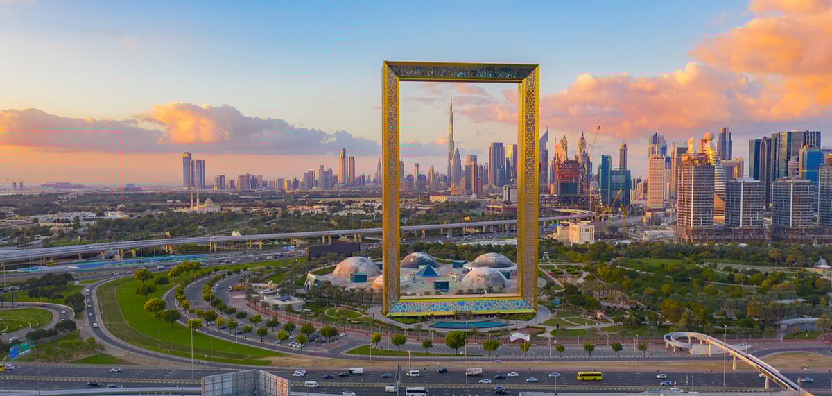 The Dubai Frame is an architectural landmark in Zabeel Park, Dubai