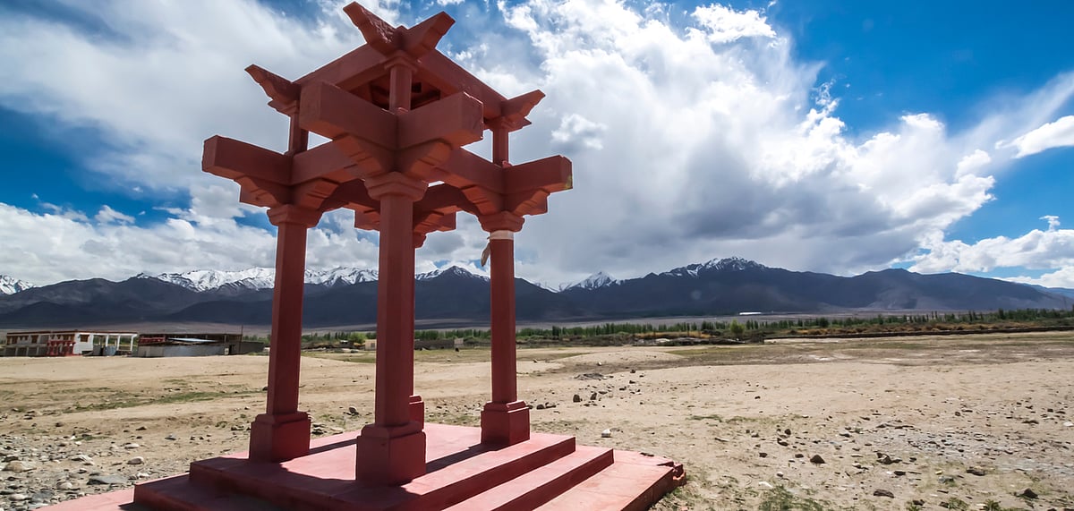 Sindhu Ghat in Leh, silhouetted against the backdrop of the stunning mountains