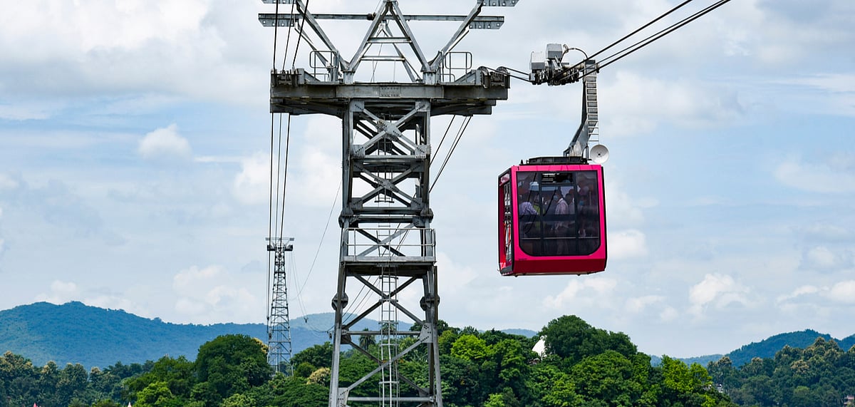 The ropeway service passing over the Brahmaputra 