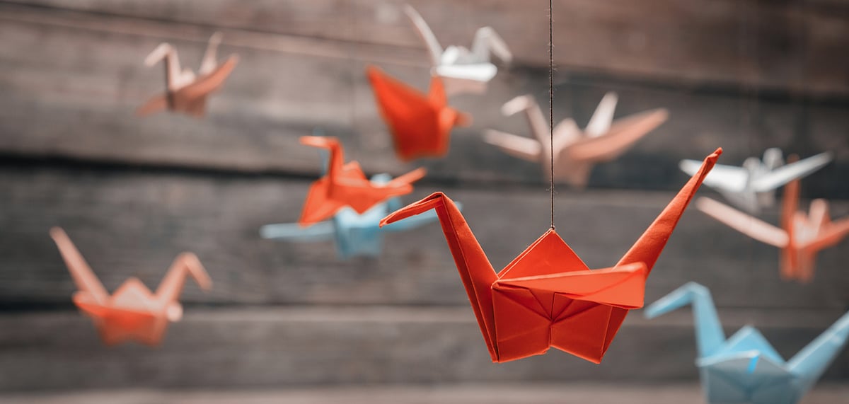 Representative image colourful origami birds suspended at the cathedral