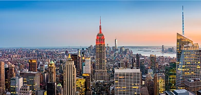 The red-hued Empire State Building