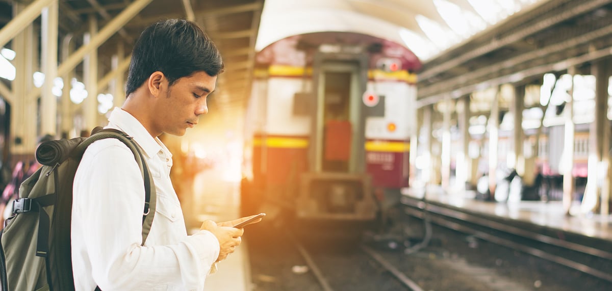 Catching up on messages at a railway station