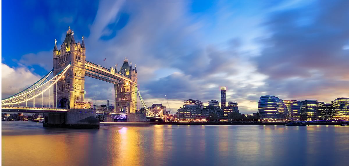 Panorama of Tower Bridge at Sunset in London)