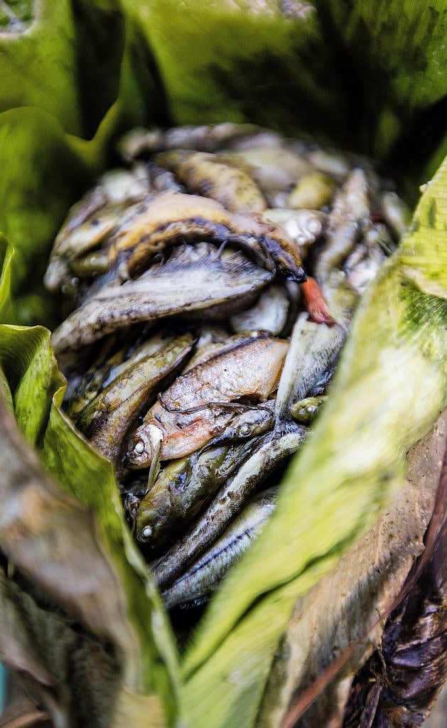 River fish, cooked with salt, chilli flakes and ginger and wrapped in subtly aromatic wild leaves, is a commonly available snack at Roings local market