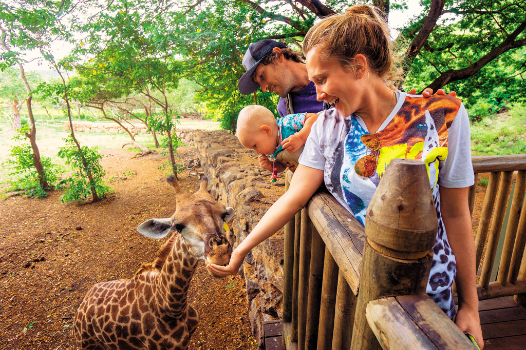 Tourists cuddle a giraffe at Casela Nature Park