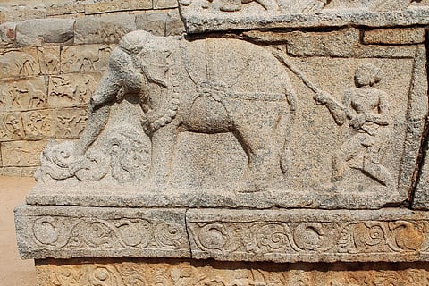 An elephant frieze on the walls of the Mahanavami Dibba in Hampi
