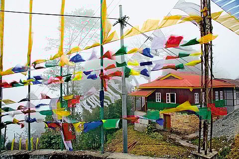 Prayer flags unfurling at the Pemayangtse Monastery, Pelling