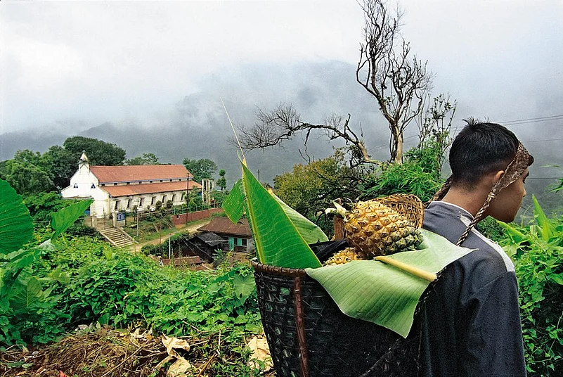 A local villager carrying fruits in bamboo basket