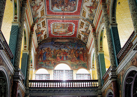 Frescoes on the walls and domed roof of St Aloysius Chapel in Mangalore College