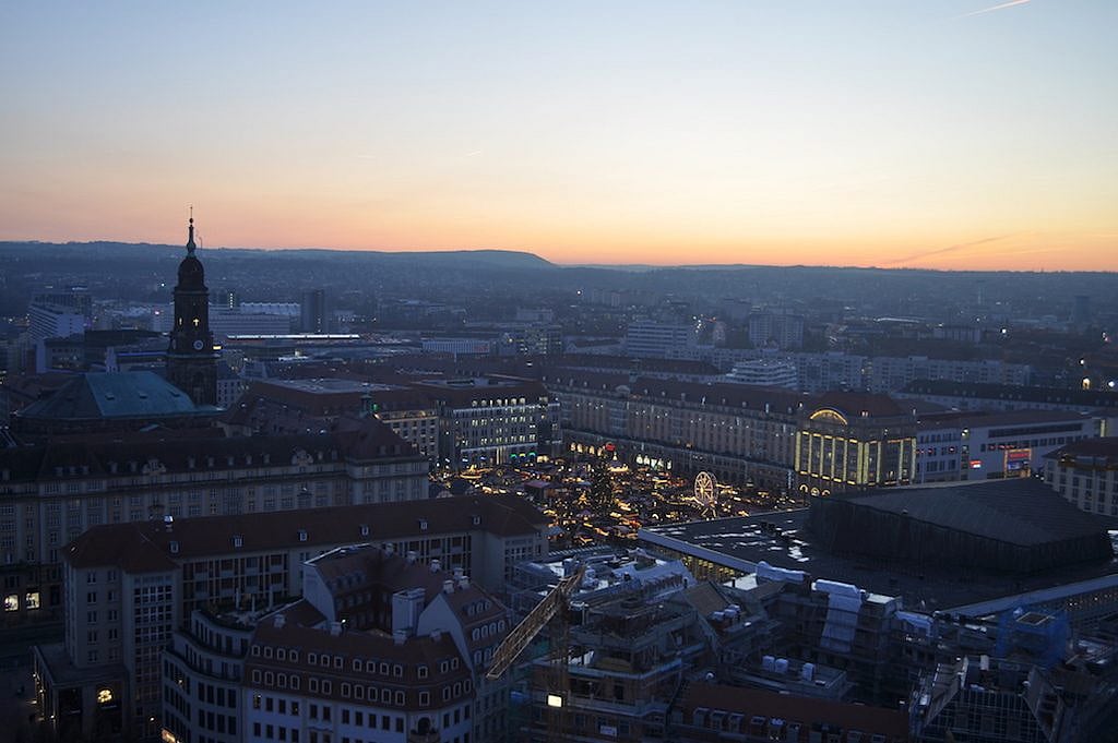 Striezelmarkt at the heart of Dresdens Old Market Square at sunset