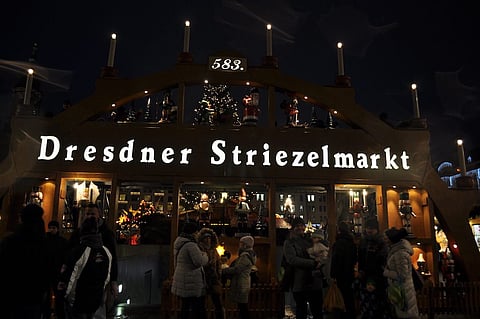 The entrance to the 583rd Striezelmarkt, the oldest Christmas market in Germany.