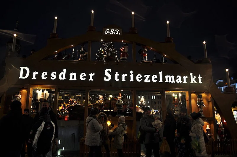 The entrance to the 583rd Striezelmarkt, the oldest Christmas market in Germany.
