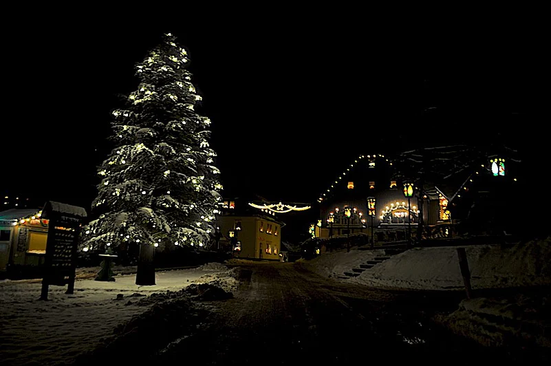 A spruce tree covered in snow in Seiffen, a few steps before the church
