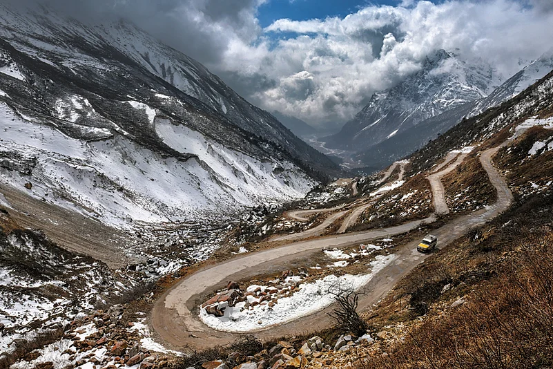 Zero Point offers a spectacular view of snow-clad mountains and the Yumthang Valley