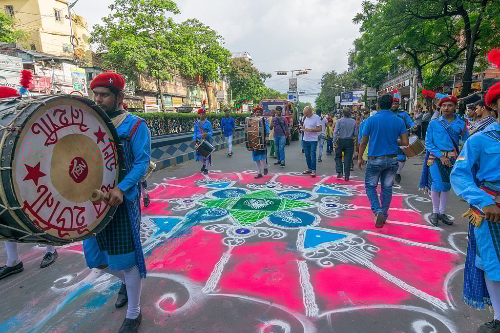Road decorated with rangoli during Rathayatra in West Bengal