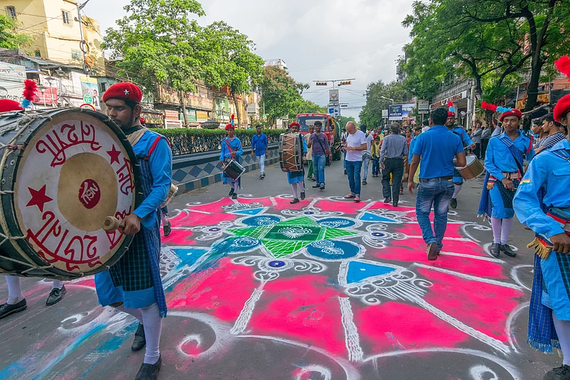Road decorated with rangoli during Rathayatra in West Bengal