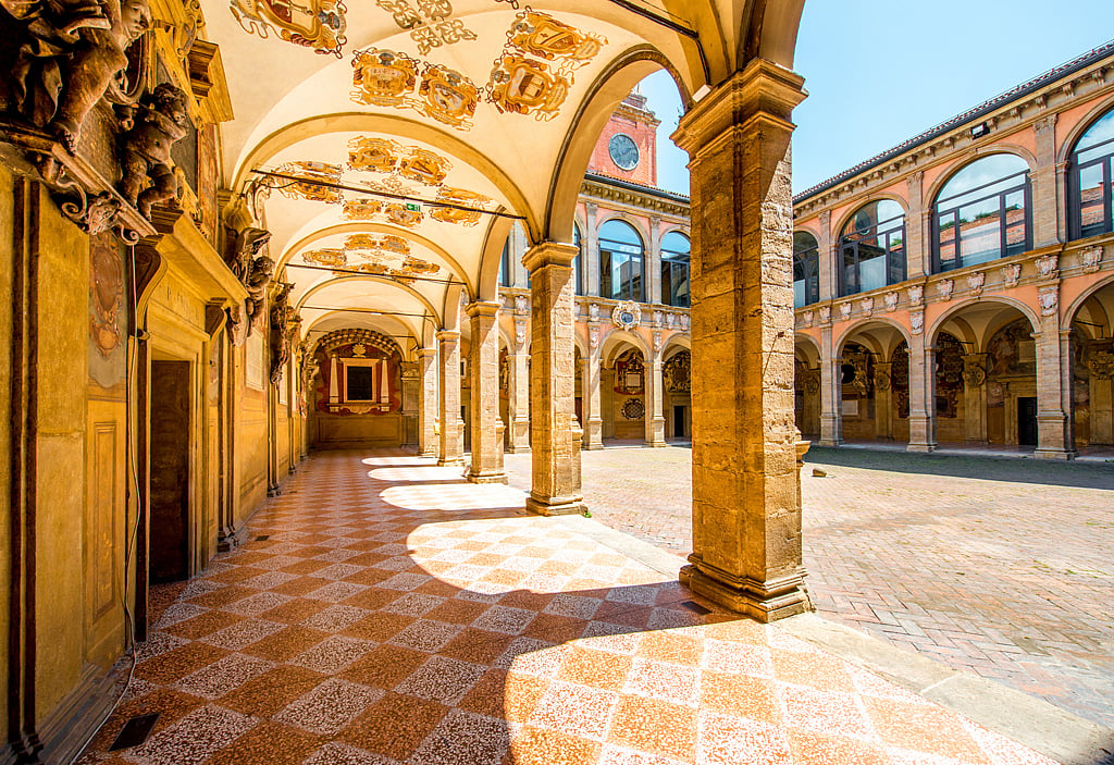 The elegantly decorated and maintained corridors of the University of Bologna