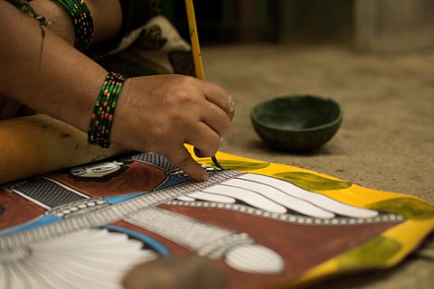 Stiffened cloth is used as the canvas on which pattachitra paintings are made