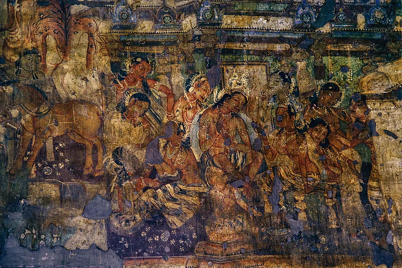 The paintings at Ajanta are known for depicting life-like emotions through the use of gestures, poses and forms