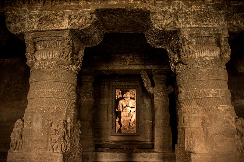 The Aurangabad Caves constitute 12 impressive rock-cut Buddhist caves